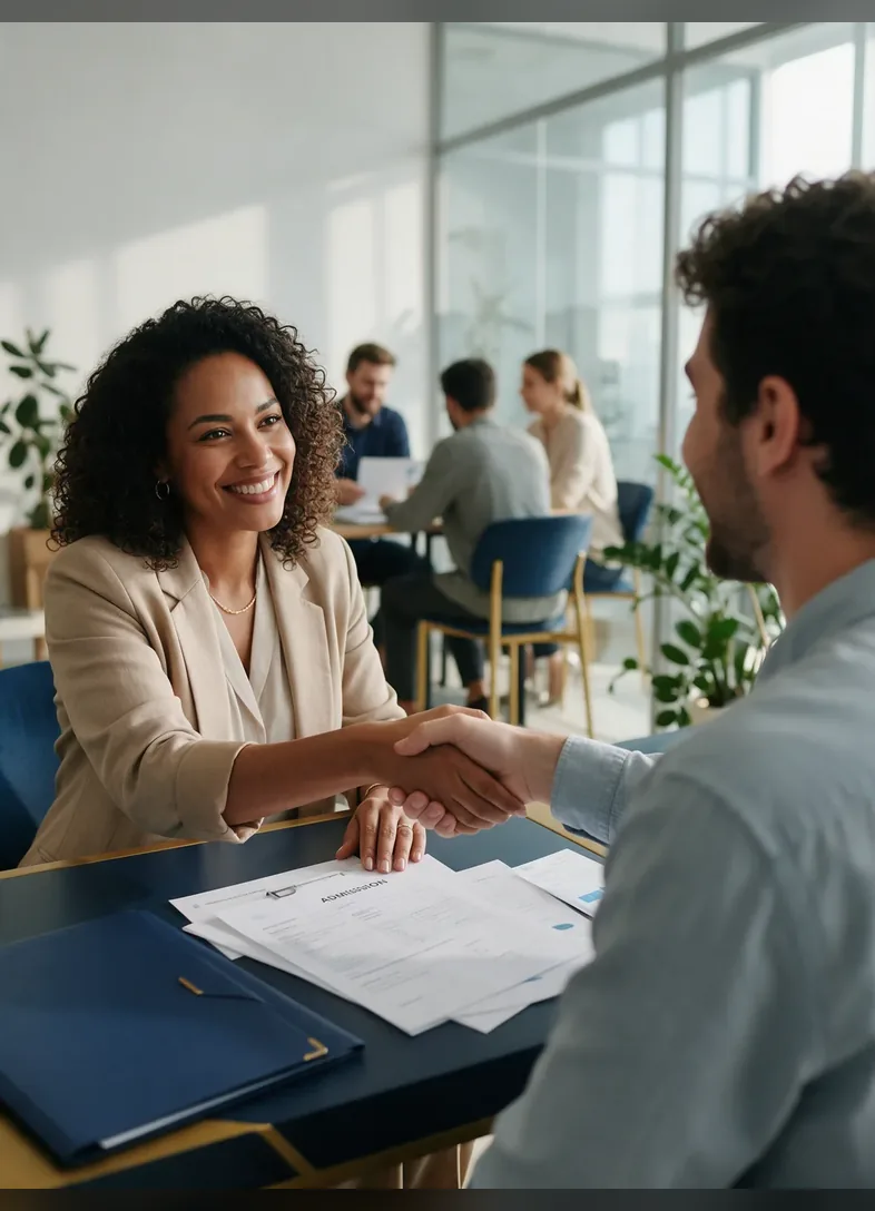 Gestora de RH recebendo um novo colaborador com aperto de mão